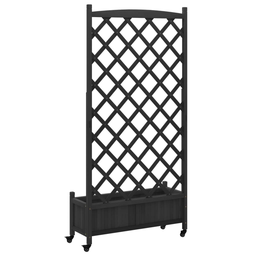 Planter with Trellis and Wheels Black Solid Wood Fir