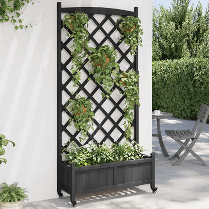 Planter with Trellis and Wheels Black Solid Wood Fir