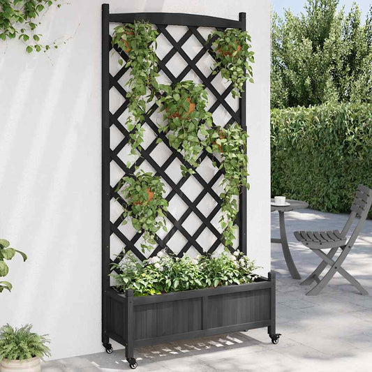 Planter with Trellis and Wheels Black Solid Wood Fir
