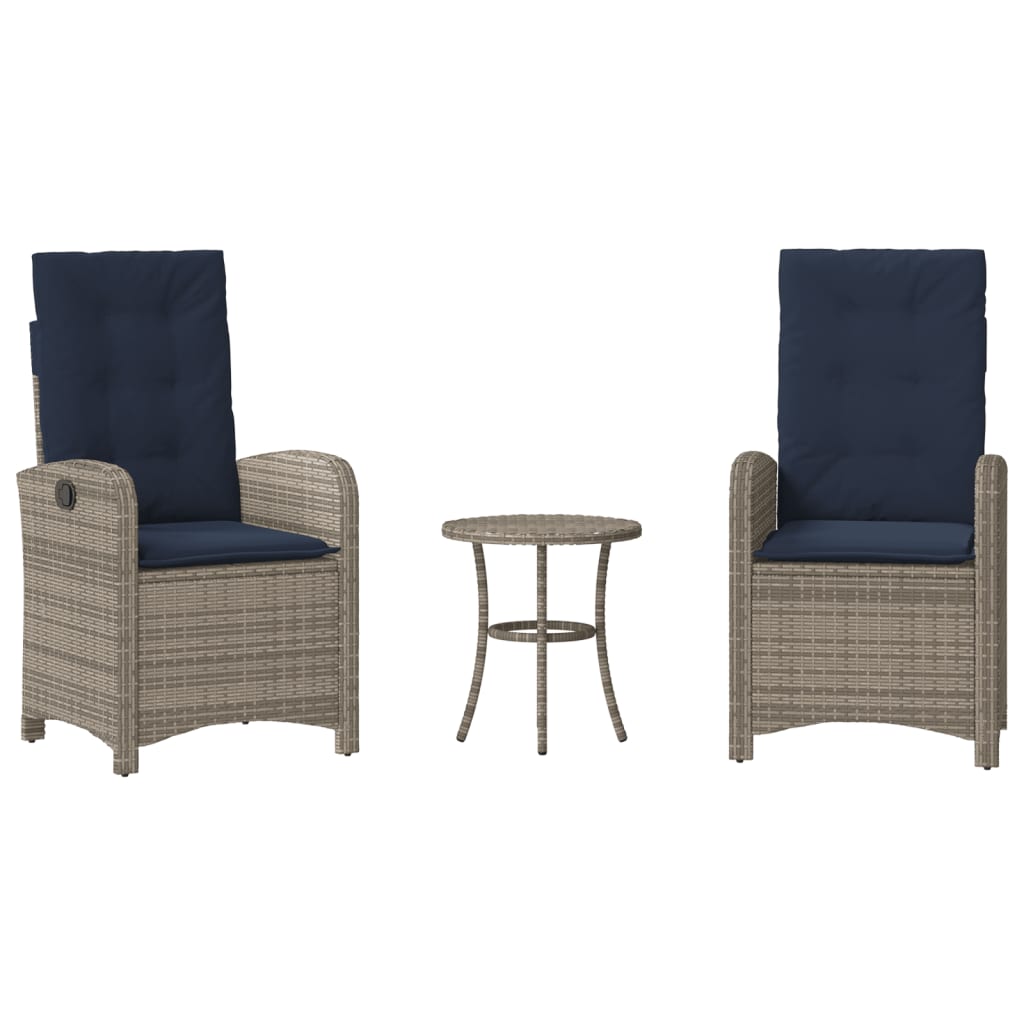 3 Piece Bistro Set with Cushions Grey Poly Rattan
