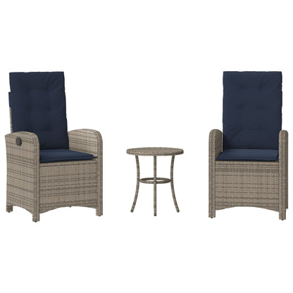 3 Piece Bistro Set with Cushions Grey Poly Rattan