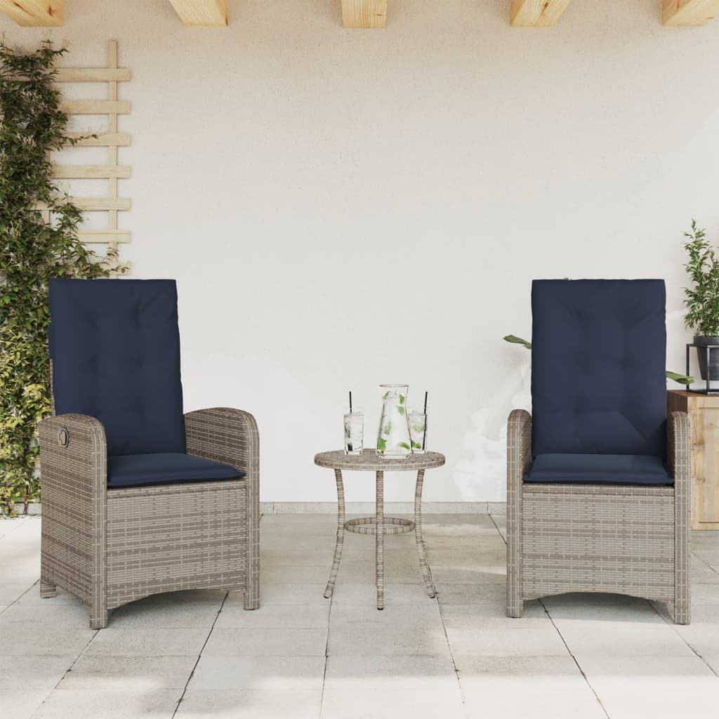3 Piece Bistro Set with Cushions Grey Poly Rattan