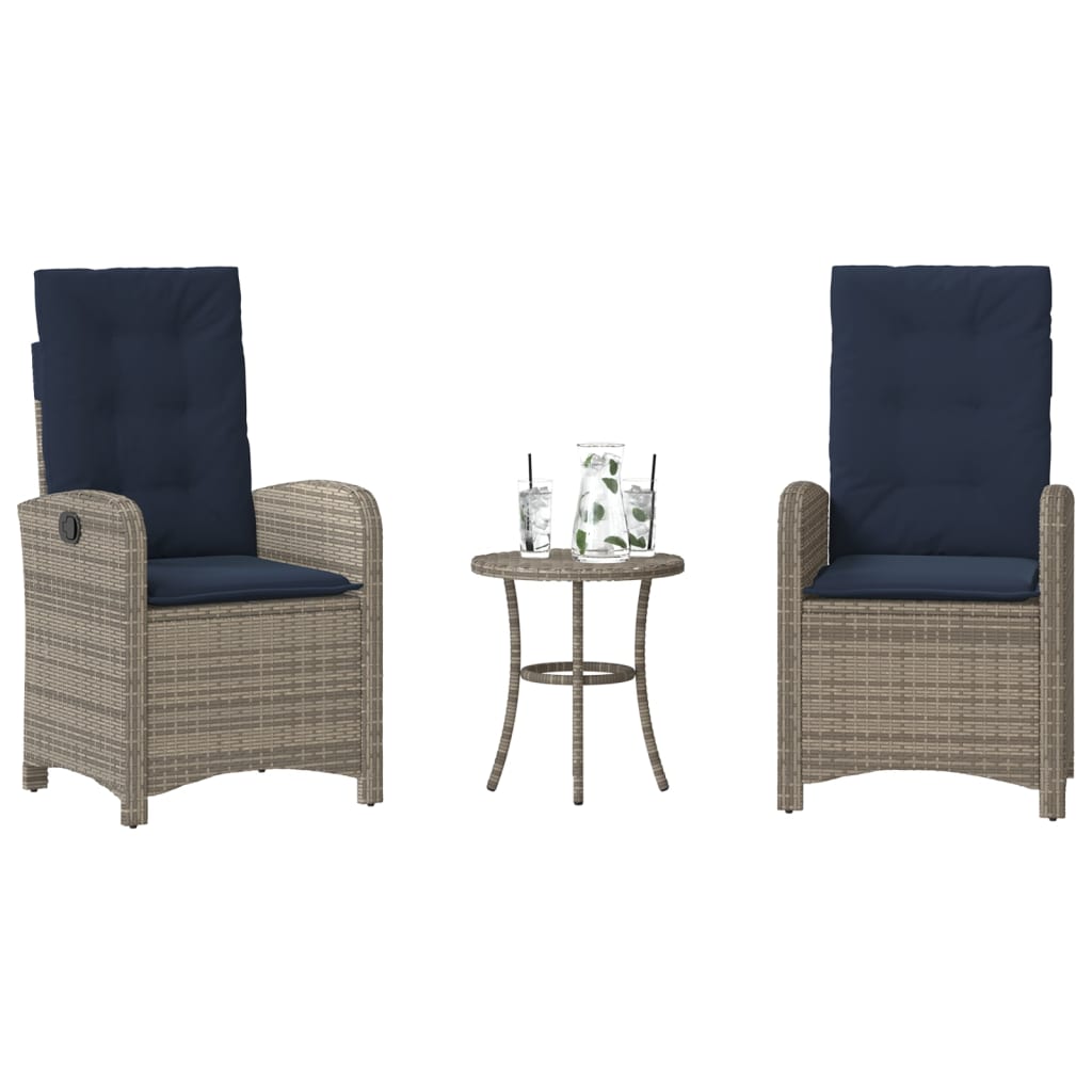 3 Piece Bistro Set with Cushions Grey Poly Rattan