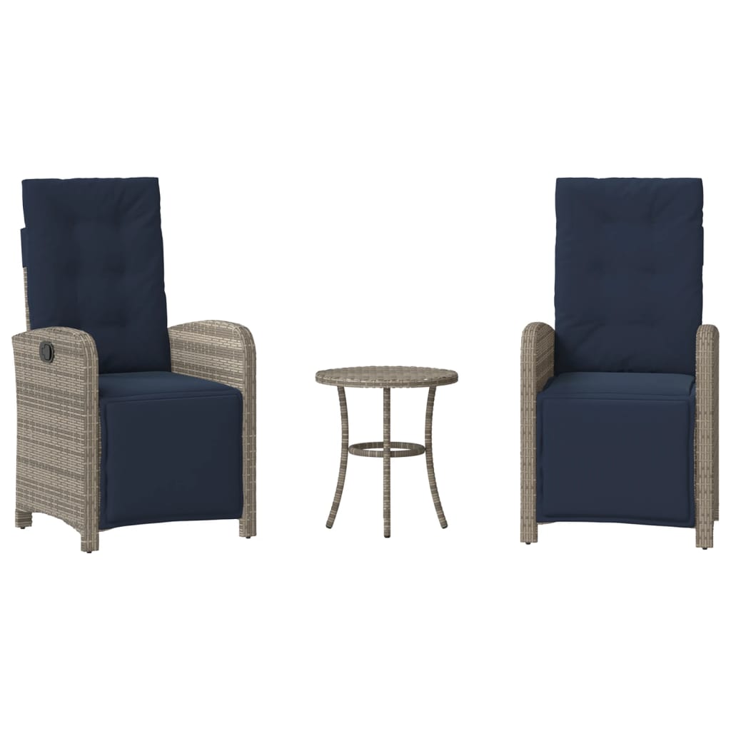 3 Piece Bistro Set with Cushions Grey Poly Rattan