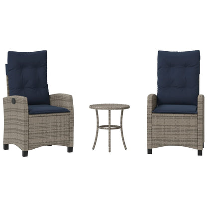 3 Piece Bistro Set with Cushions Grey Poly Rattan