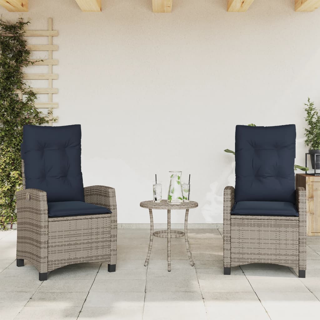 3 Piece Bistro Set with Cushions Grey Poly Rattan
