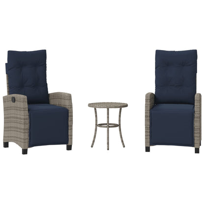3 Piece Bistro Set with Cushions Grey Poly Rattan