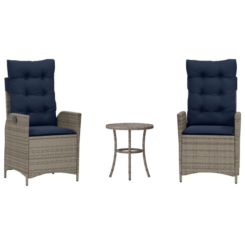 3 Piece Bistro Set with Cushions Grey Poly Rattan