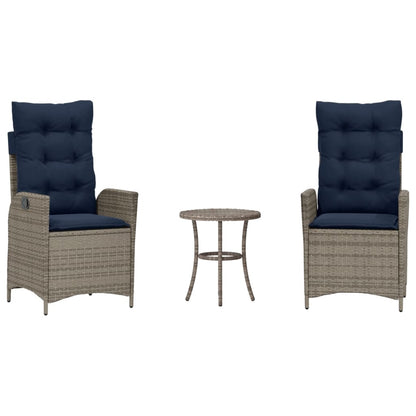 3 Piece Bistro Set with Cushions Grey Poly Rattan