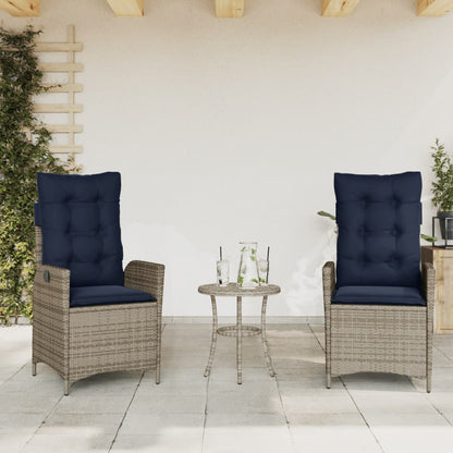 3 Piece Bistro Set with Cushions Grey Poly Rattan