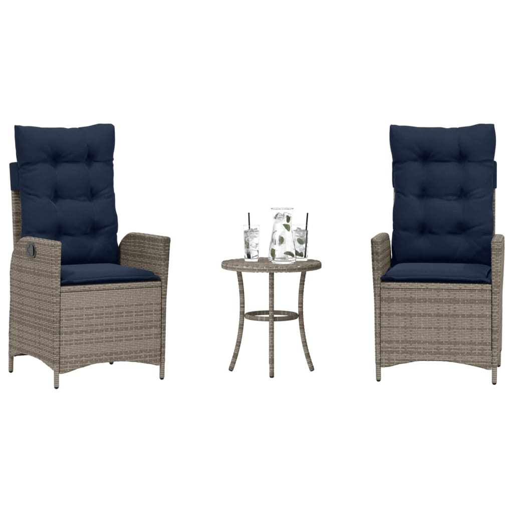 3 Piece Bistro Set with Cushions Grey Poly Rattan