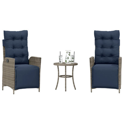 3 Piece Bistro Set with Cushions Grey Poly Rattan