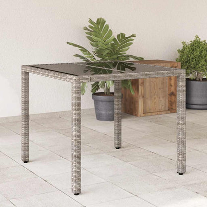 Garden Table with Glass Top Grey 90x90x75 cm Poly Rattan
