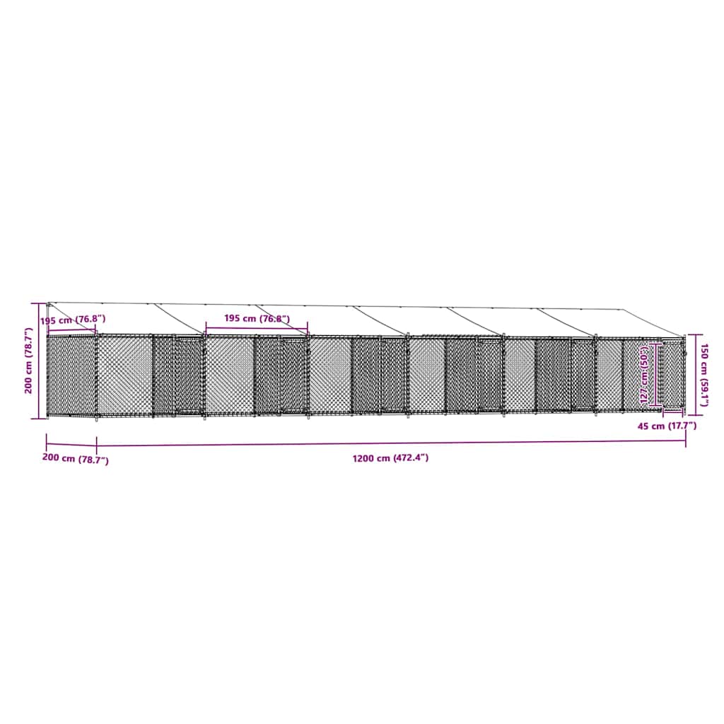 Dog Cage with Roof and Doors Grey 12x2x2 m Galvanised Steel