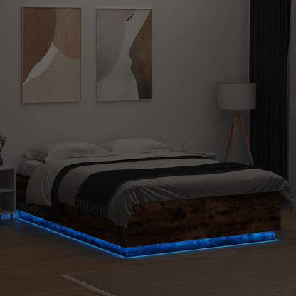 Bed Frame with LED without Mattress Smoked Oak 150x200 cm