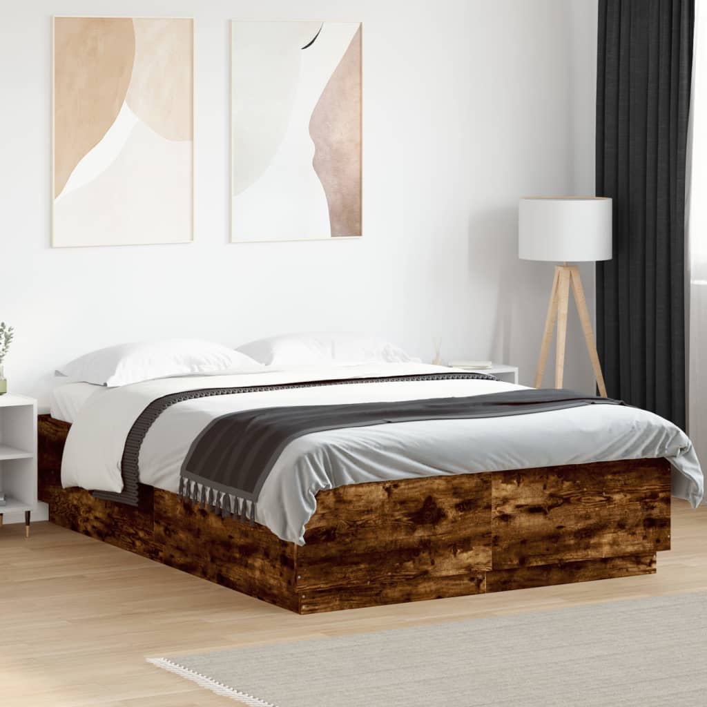 Bed Frame with LED without Mattress Smoked Oak 150x200 cm