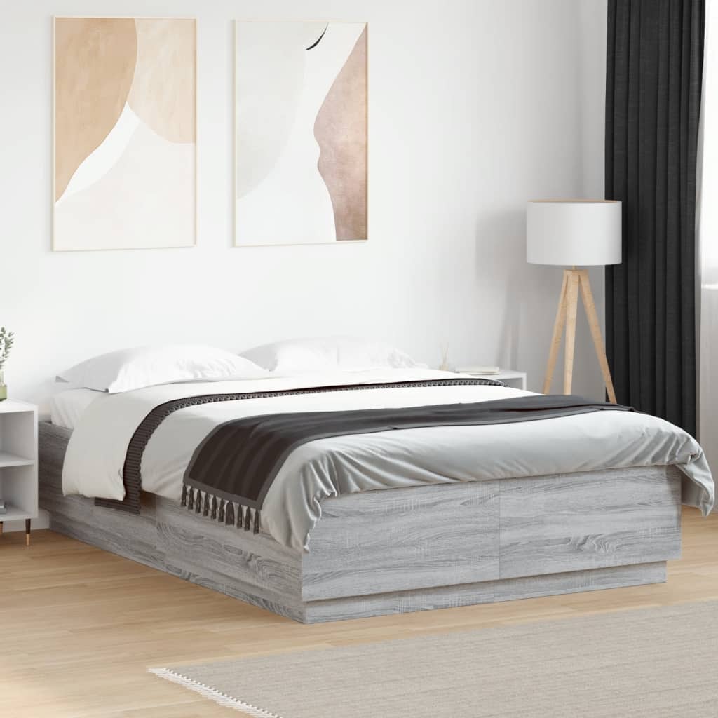 Bed Frame with LED without Mattress Grey Sonoma 150x200 cm King Size