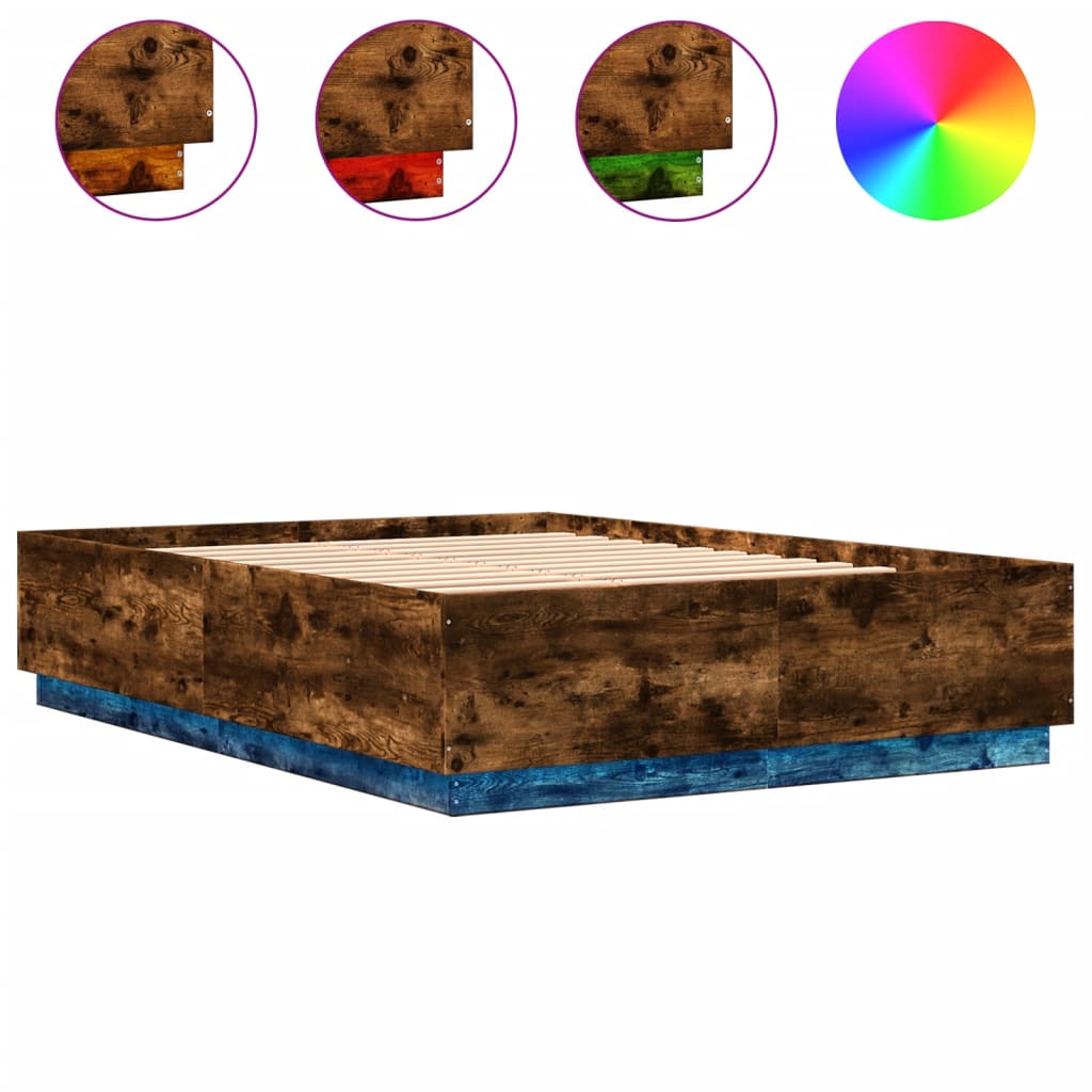 Bed Frame with LED without Mattress Smoked Oak 140x200 cm