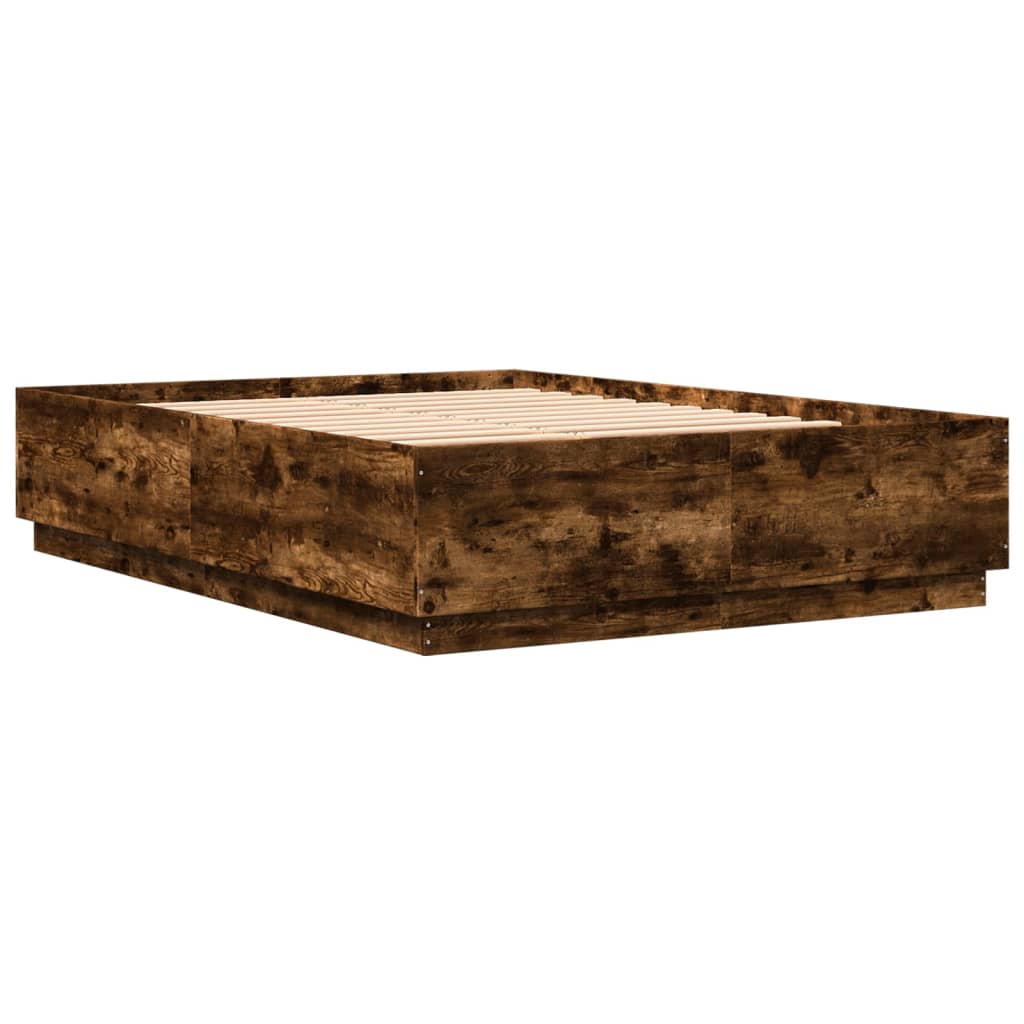 Bed Frame with LED without Mattress Smoked Oak 140x200 cm