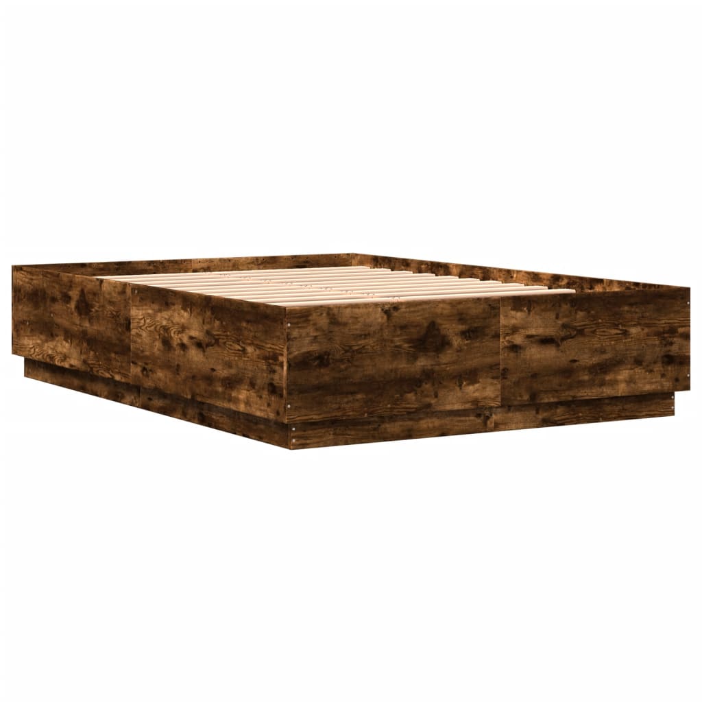 Bed Frame with LED without Mattress Smoked Oak 140x200 cm