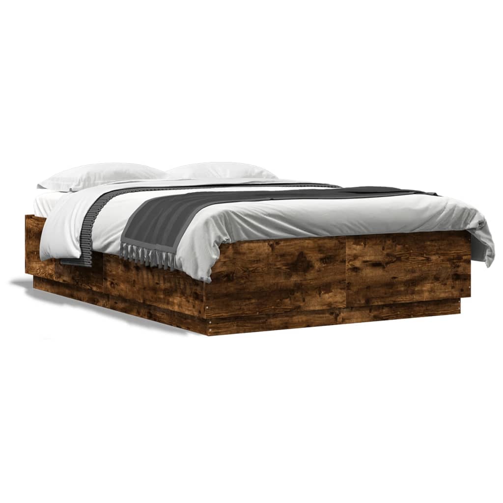 Bed Frame with LED without Mattress Smoked Oak 120x200 cm