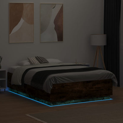 Bed Frame with LED without Mattress Smoked Oak 135x190 cm