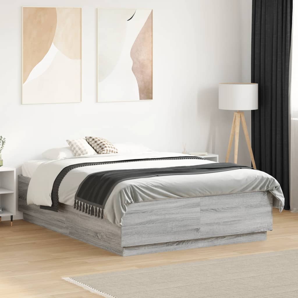 Bed Frame with LED without Mattress Grey Sonoma 135x190 cm