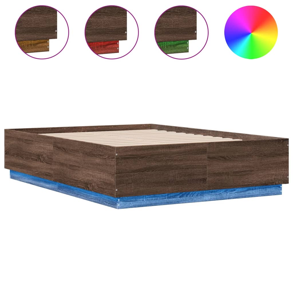Bed Frame with LED without Mattress Brown Oak 135x190 cm