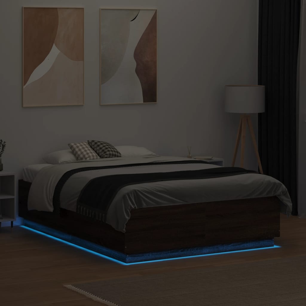 Bed Frame with LED without Mattress Brown Oak 135x190 cm