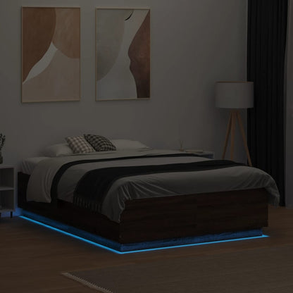 Bed Frame with LED without Mattress Brown Oak 135x190 cm