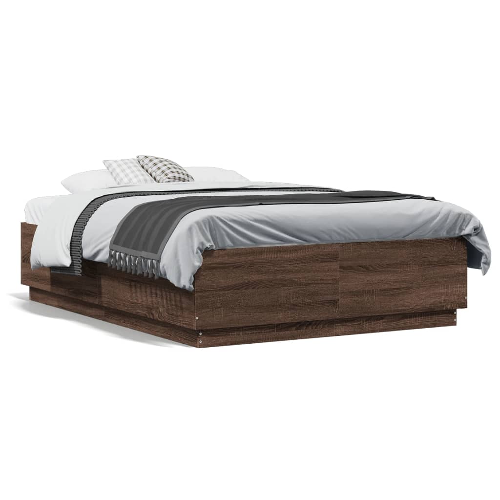 Bed Frame with LED without Mattress Brown Oak 135x190 cm Double