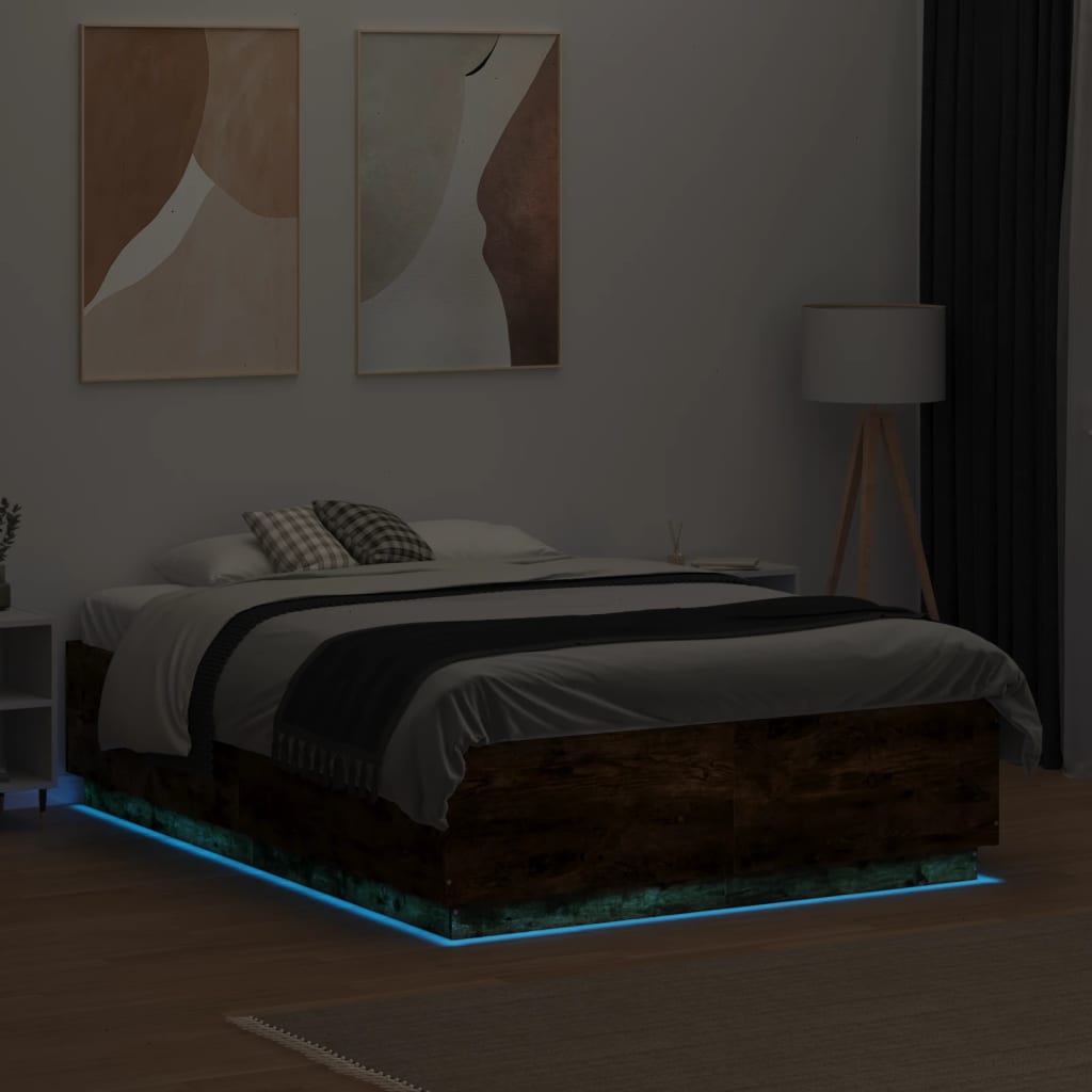 Bed Frame with LED without Mattress Smoked Oak 120x190 cm