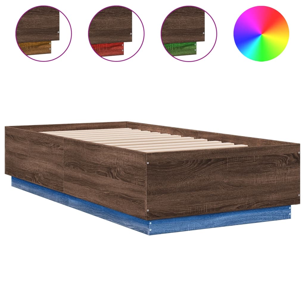 Bed Frame with LED without Mattress Brown Oak 90x190 cm