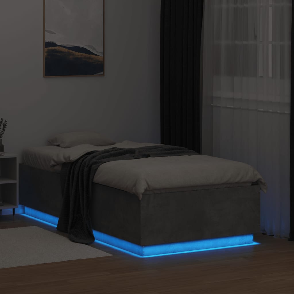 Bed Frame with LED without Mattress Concrete Grey 75x190 cm