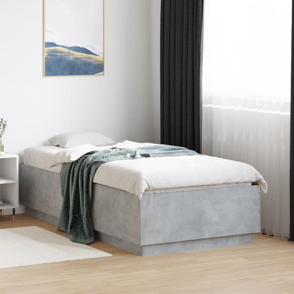 Bed Frame with LED without Mattress Concrete Grey 75x190 cm