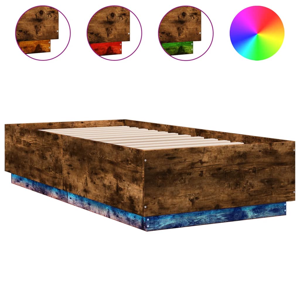 Bed Frame with LED without Mattress Smoked Oak 75x190 cm
