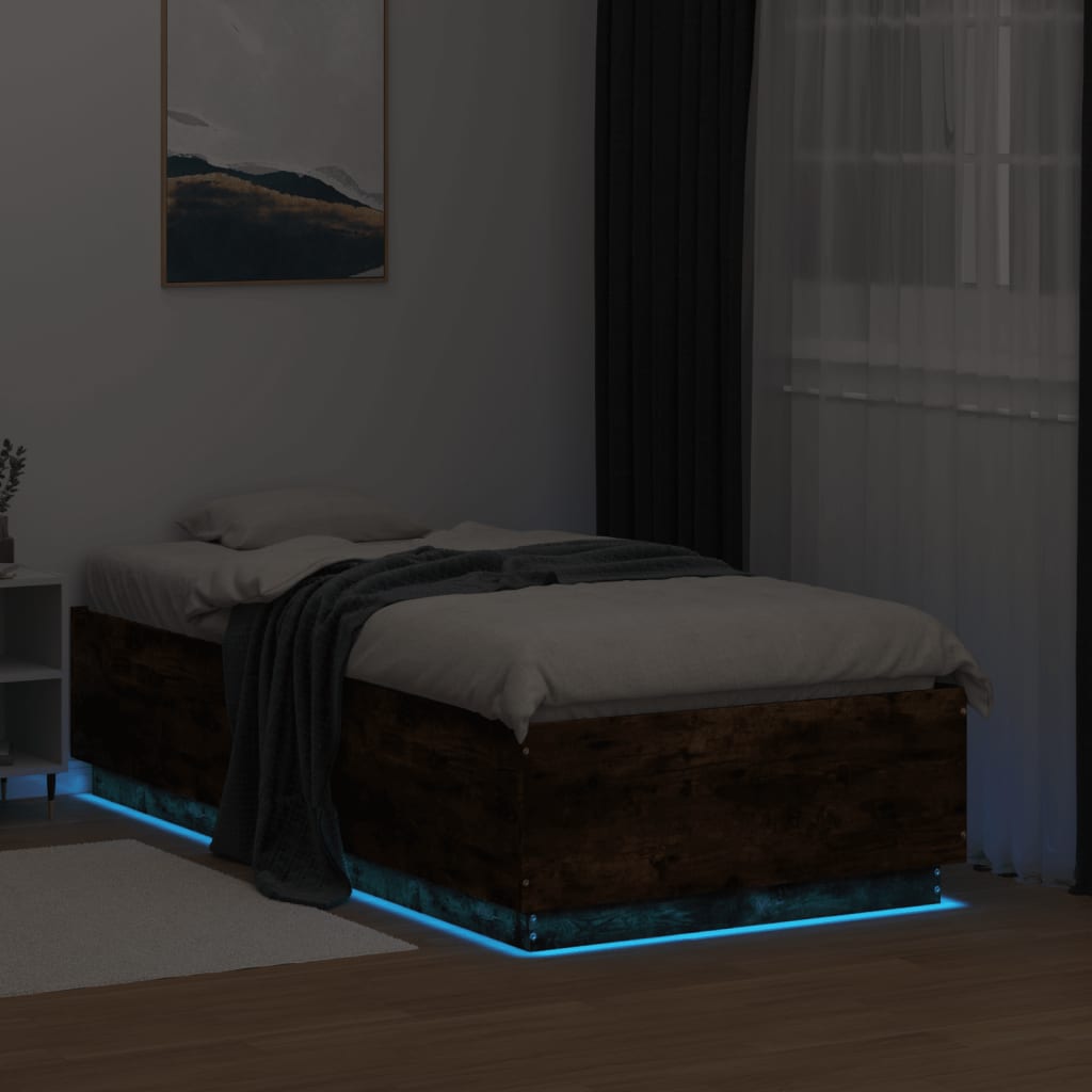 Bed Frame with LED without Mattress Smoked Oak 75x190 cm