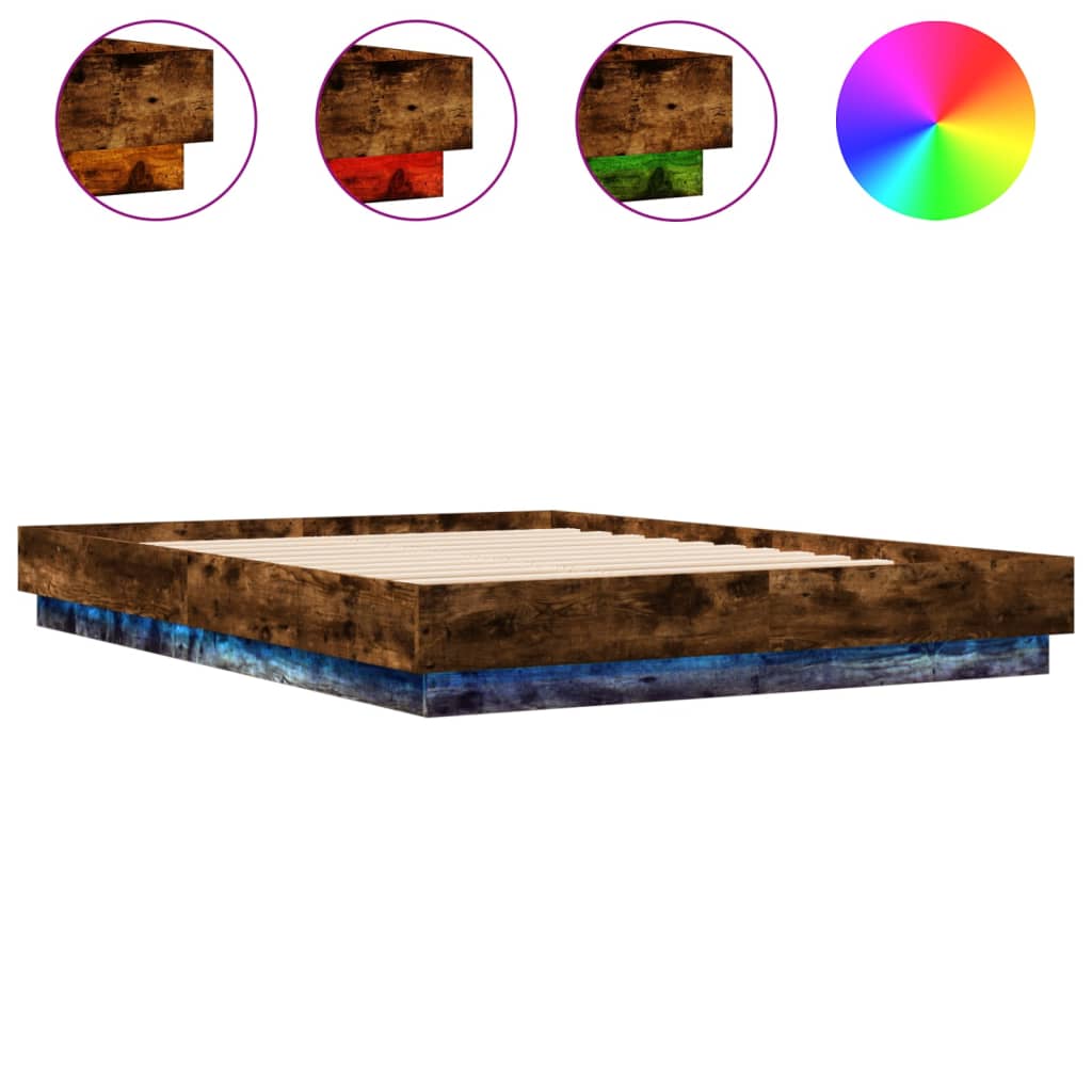 Bed Frame with LED without Mattress Smoked Oak 150x200 cm