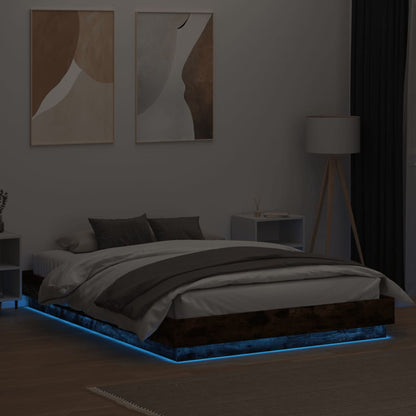 Bed Frame with LED without Mattress Smoked Oak 150x200 cm