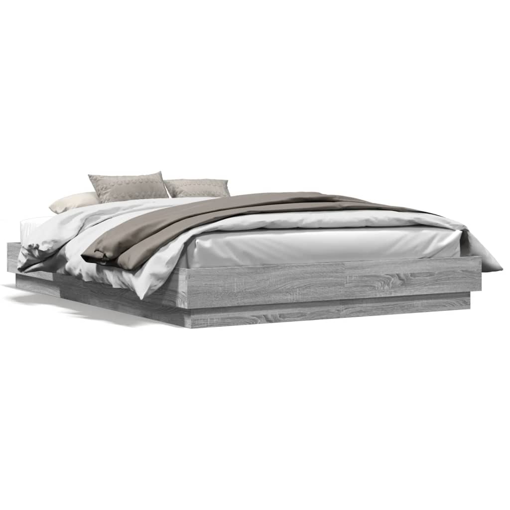 Bed Frame with LED without Mattress Grey Sonoma 150x200 cm King Size
