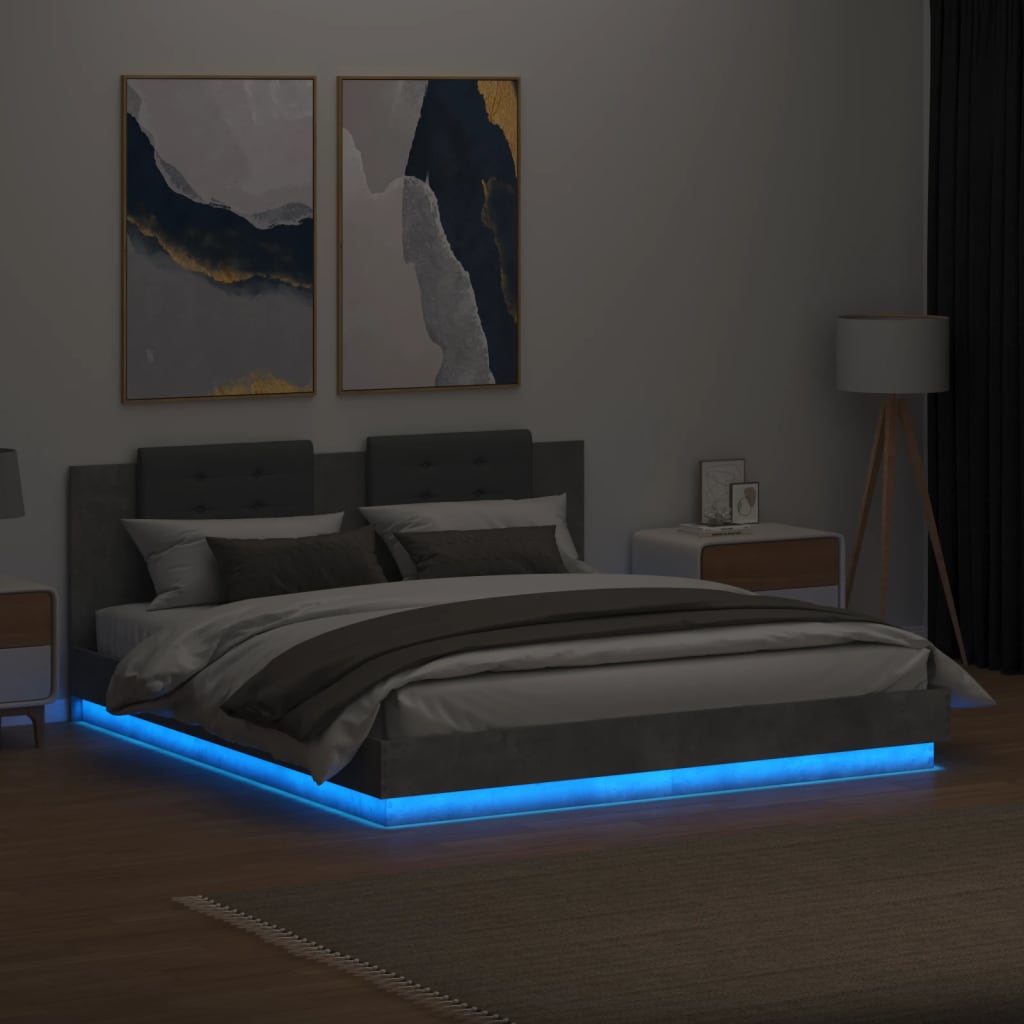 Bed Frame with LED without Mattress Concrete Grey 180x200 cm