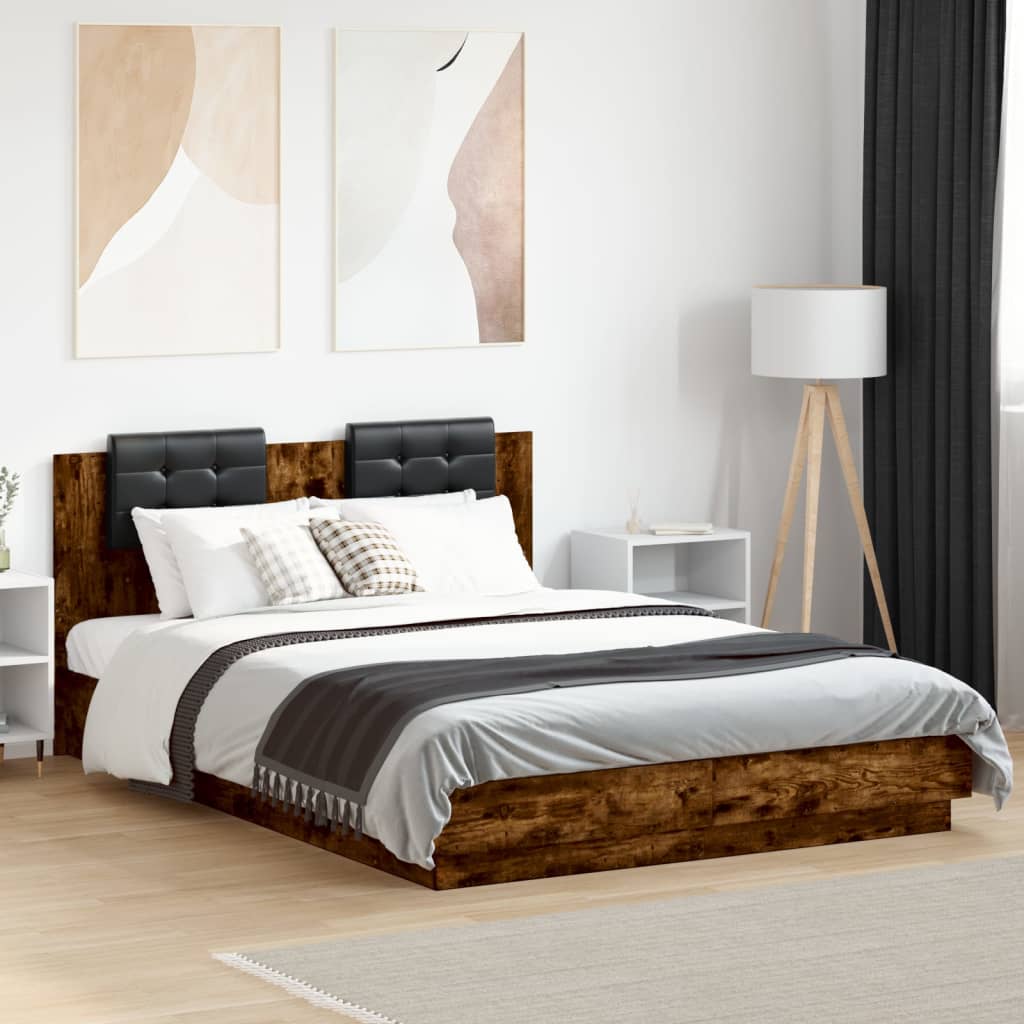 Bed Frame with LED without Mattress Smoked Oak 150x200 cm