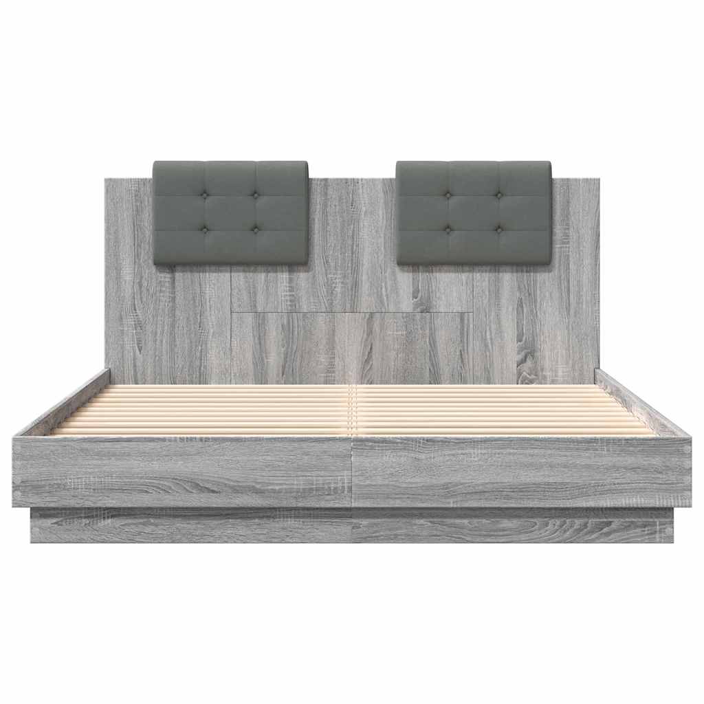 Bed Frame with LED without Mattress Grey Sonoma 150x200 cm King Size