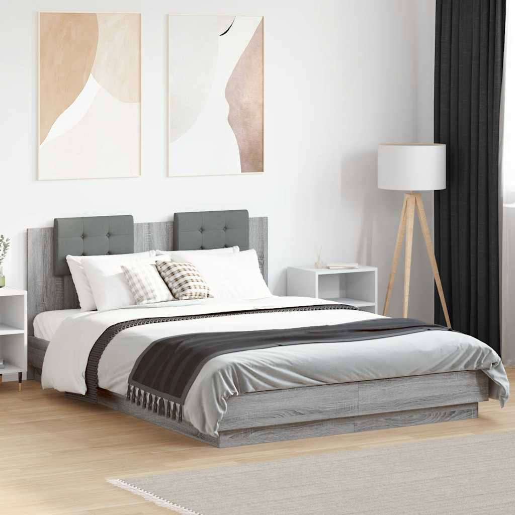 Bed Frame with LED without Mattress Grey Sonoma 150x200 cm King Size