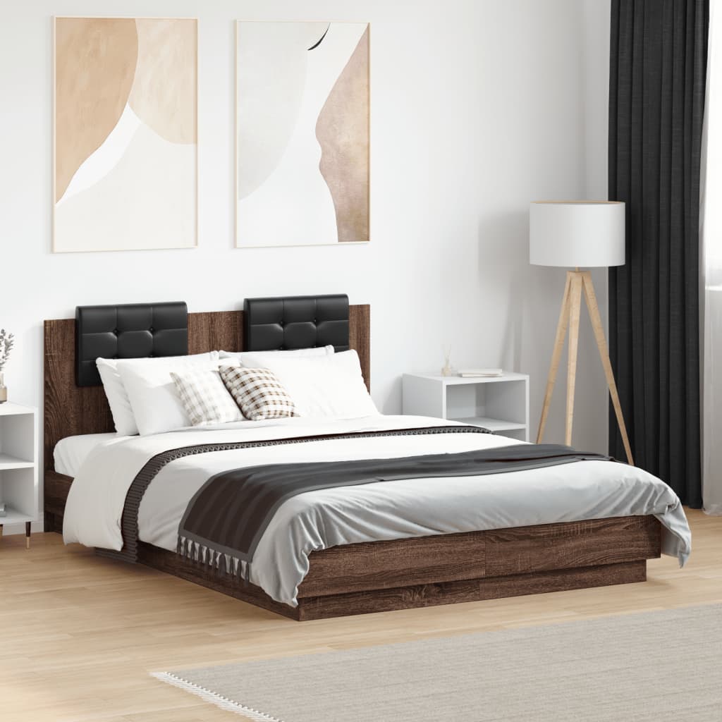Bed Frame with LED without Mattress Brown Oak 135x190 cm