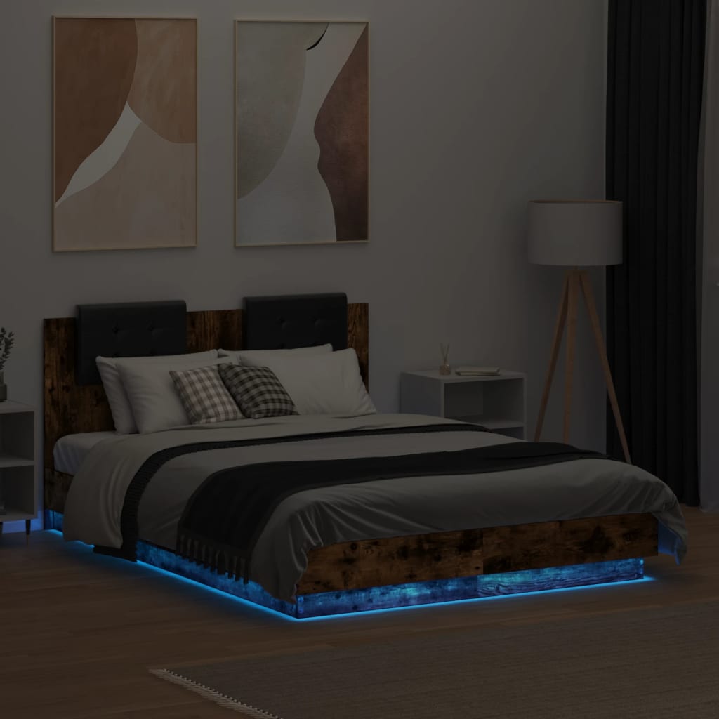 Bed Frame with LED without Mattress Smoked Oak 120x190 cm Small Double