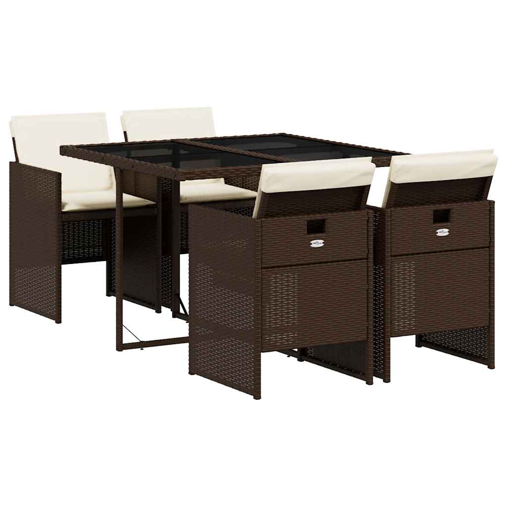 5 Piece Garden Dining Set with Cushions Brown Poly Rattan