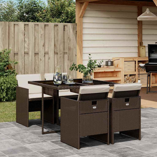 5 Piece Garden Dining Set with Cushions Brown Poly Rattan