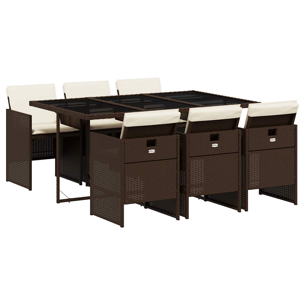 7 Piece Garden Dining Set with Cushions Brown Poly Rattan