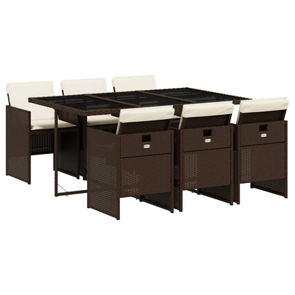 7 Piece Garden Dining Set with Cushions Brown Poly Rattan